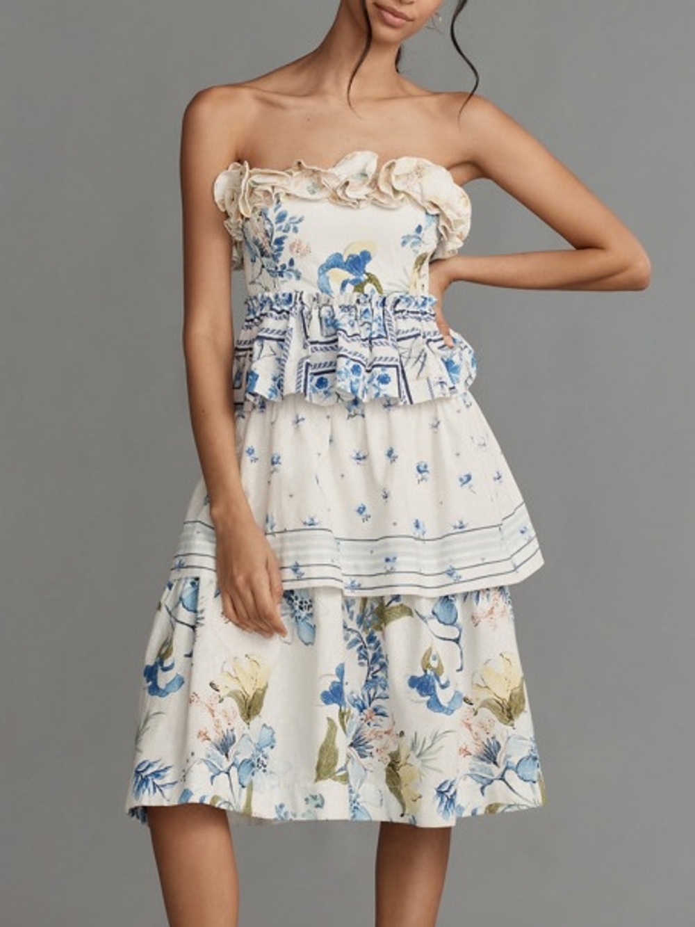 Maeve Anthropologie Linen Strapless Ruffle Tiered Floral Dress L - Picture 7 of 12